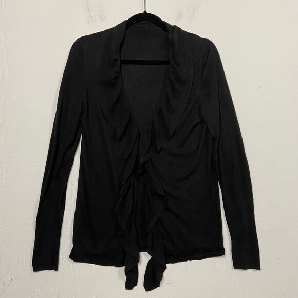 Women's Black Silk Cashmere Ruffle Front Whimsigoth Minimalist Cardigan Sweater - Picture 1 of 10